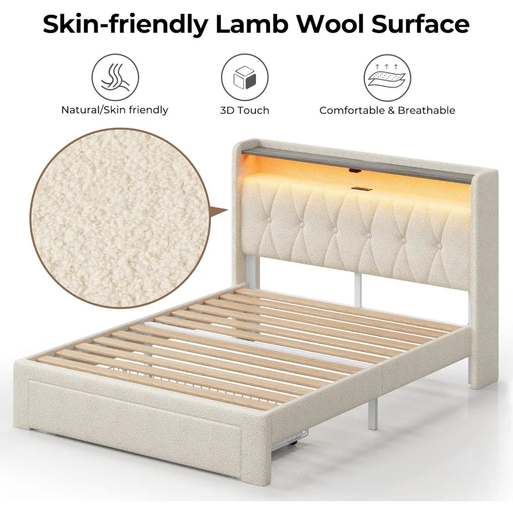 Twin Bed Frame with Drawer, Storage Headboard with Charging Station and LED Lights, Upholstered Bed