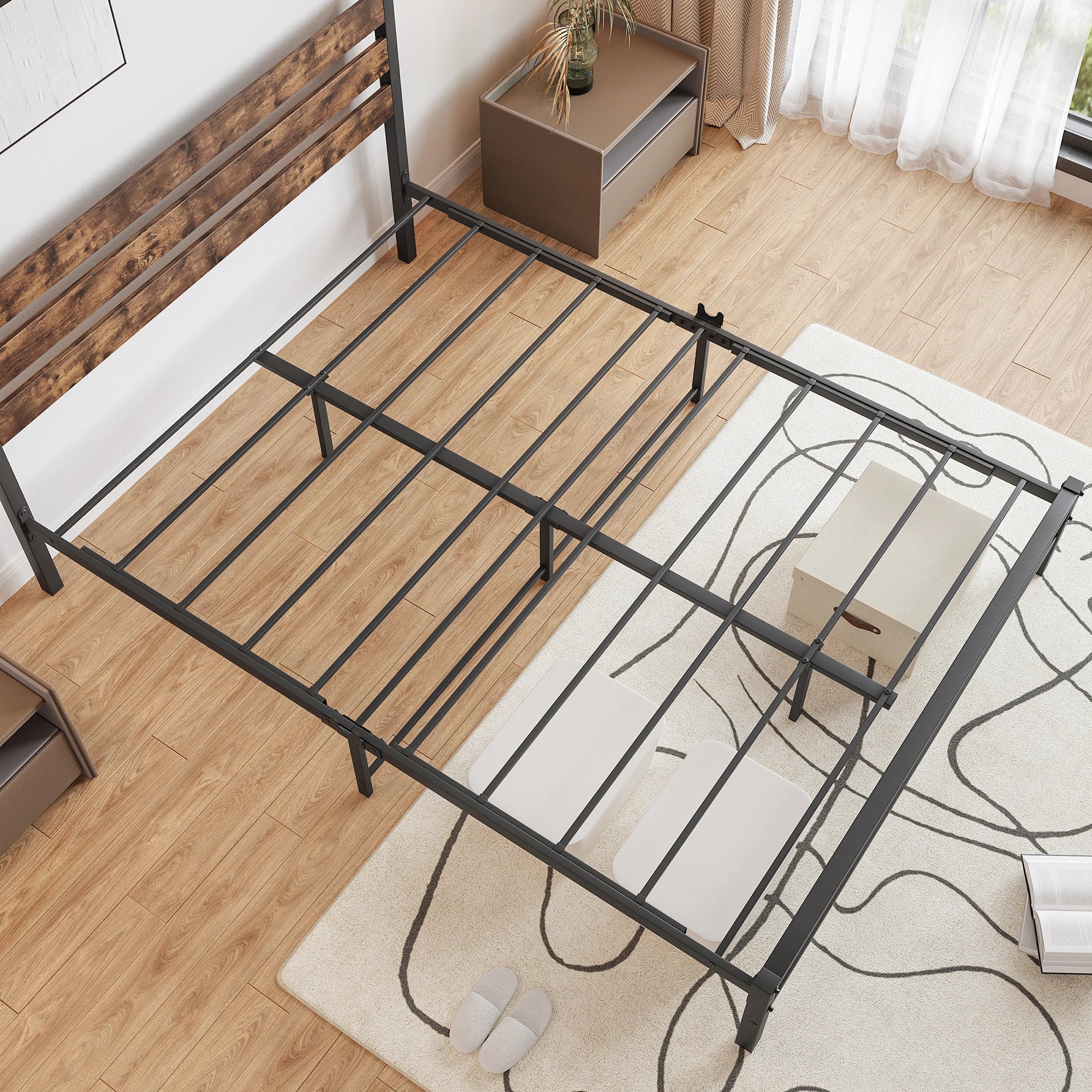 Queen Size Platform Bed Frame with Rustic Vintage Wood Headboard, Strong Metal Slats Support Mattress Foundation, No Box Spring