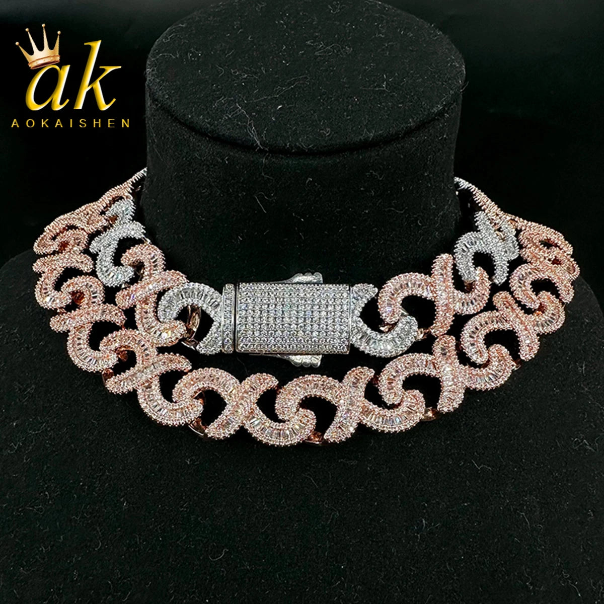 Aokaishen Spring Clasp Baguette Infinity Chain for Women Necklace Choker Real Gold Plated Hip Hop Jewelry