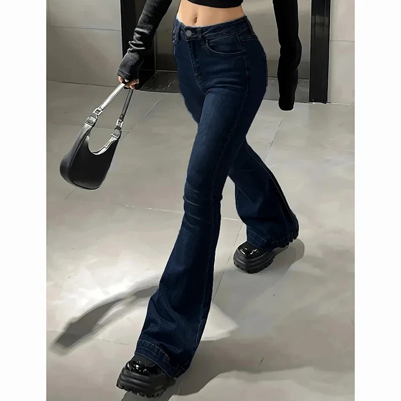 2025 Girls Concise Ins High Waist Flared Jeans Female Stretchy Bootcut Denim Pants Women Solid Color Thin Bell Bottoms Trousers