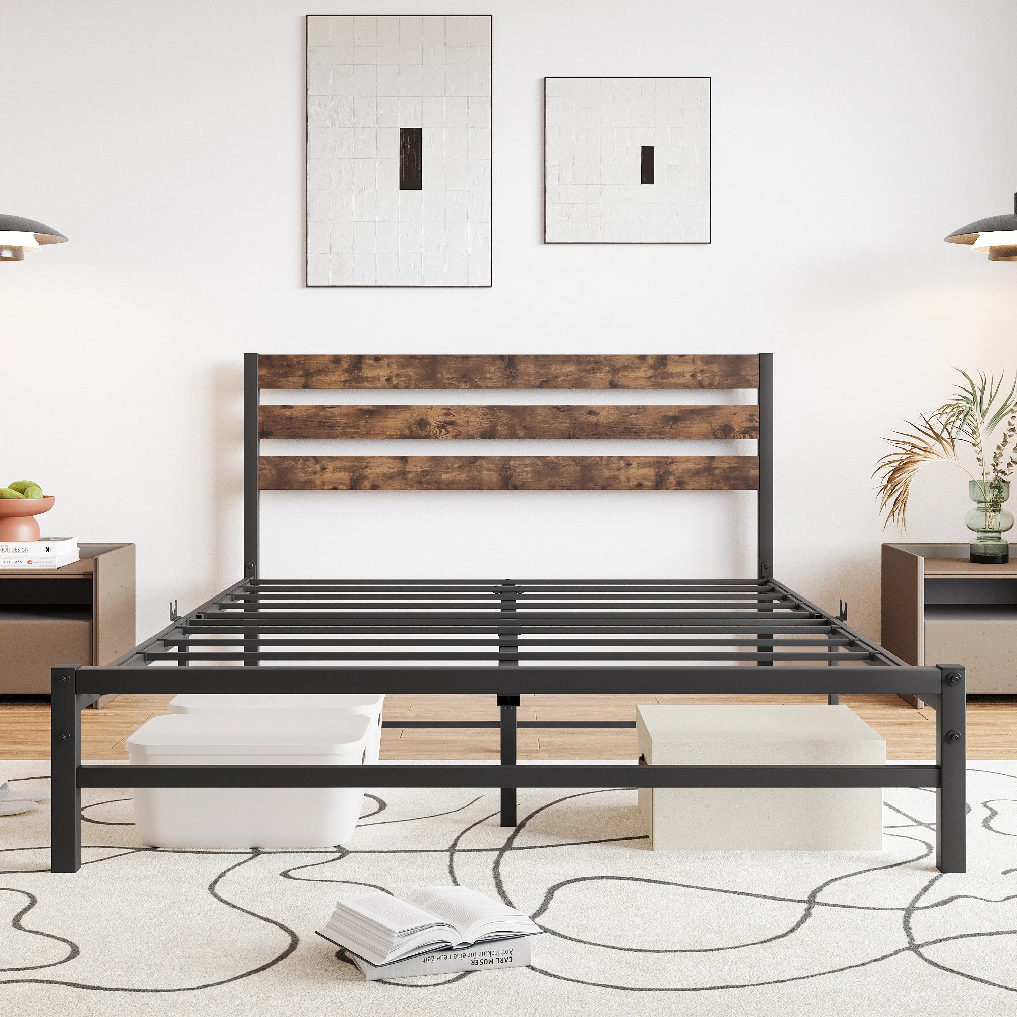 Queen Size Platform Bed Frame with Rustic Vintage Wood Headboard, Strong Metal Slats Support Mattress Foundation, No Box Spring