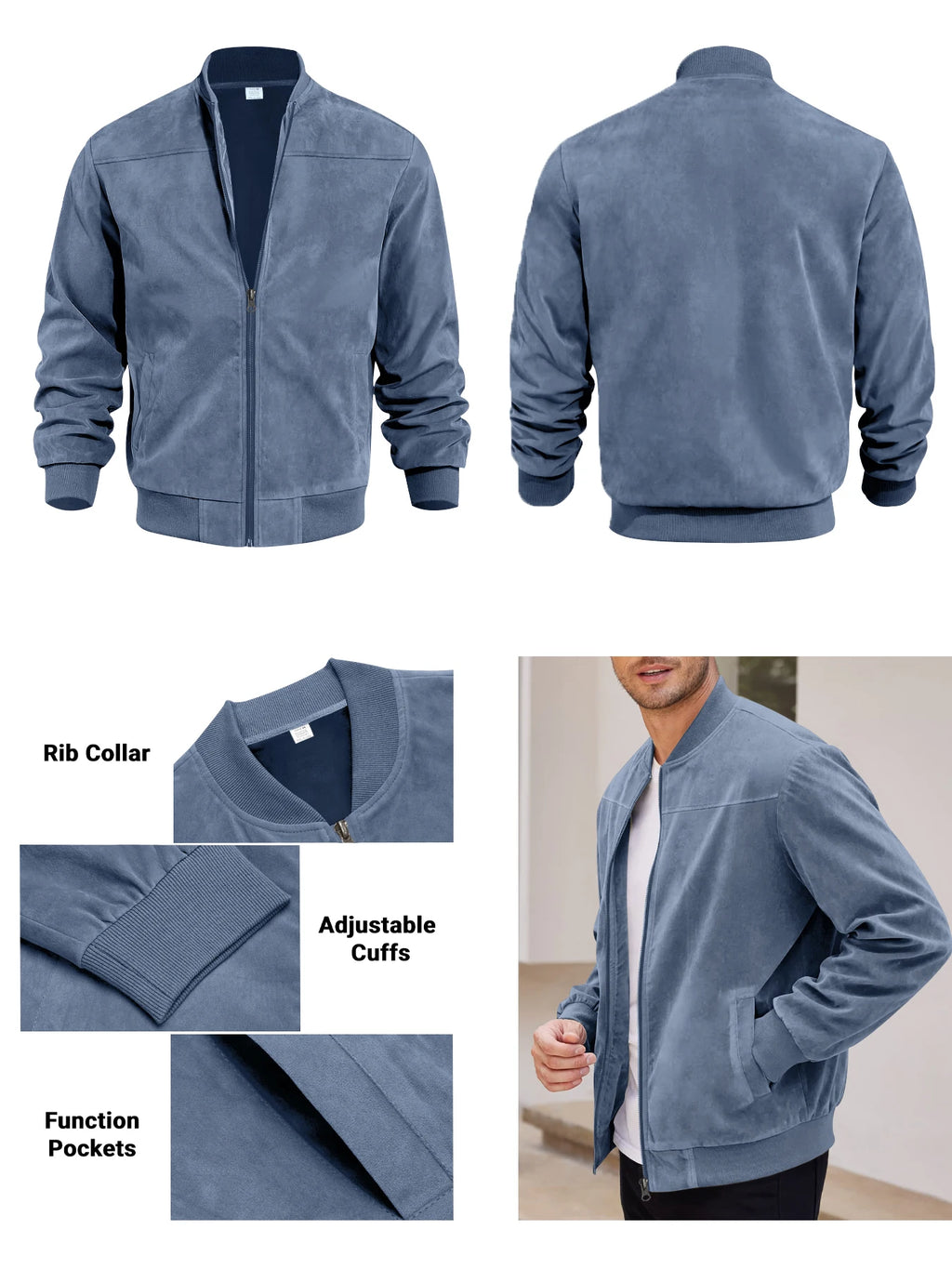 Men's suede nap fabric casual jacket Round neck zipper Solid color Sport Bomber Jacket Casual edition sports and golf fashion
