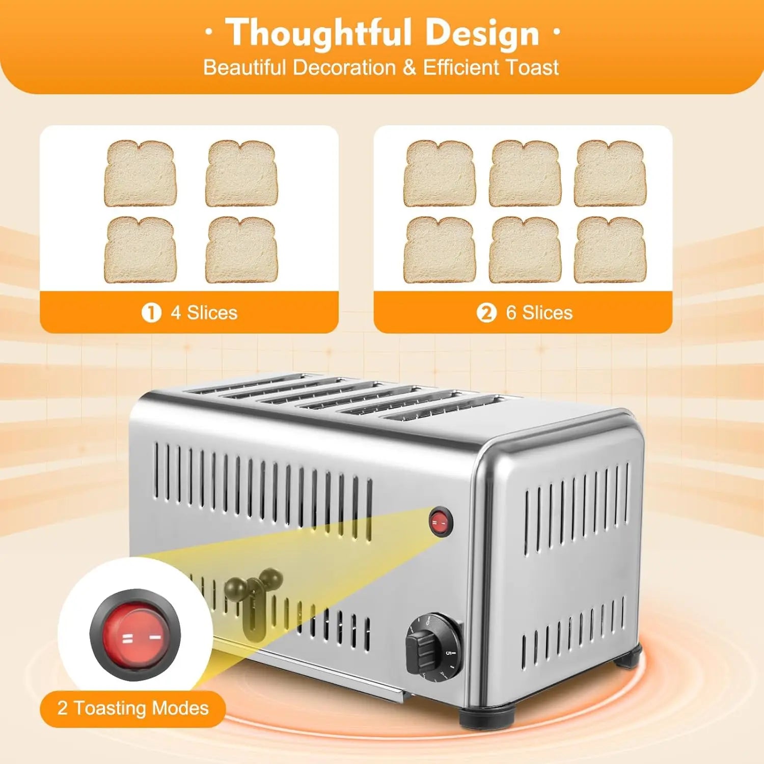 Electric Stainless Steel Bread Maker 1680 W 6 Slice Wide Slot Kitchen Toaster 1.1 Inch 2 Cooking Modes Home Cooking Appliance