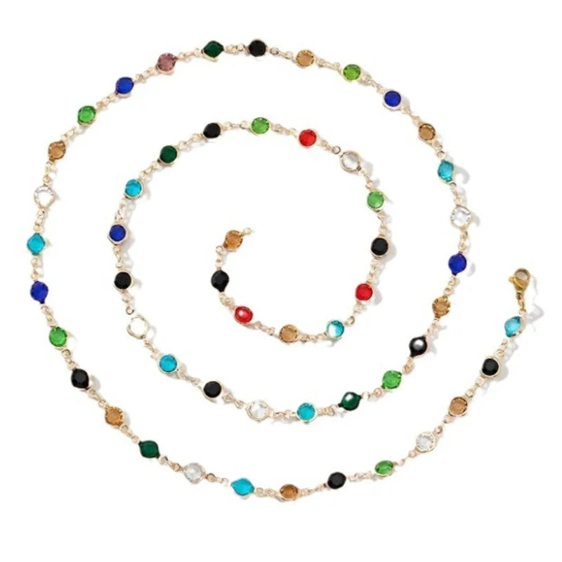 Bohemian Colorful Glass Long Y-Shaped Necklace Metal Collarbone Chain Gold Silver Color Summer Holiday Party Body Jewelry Gifts