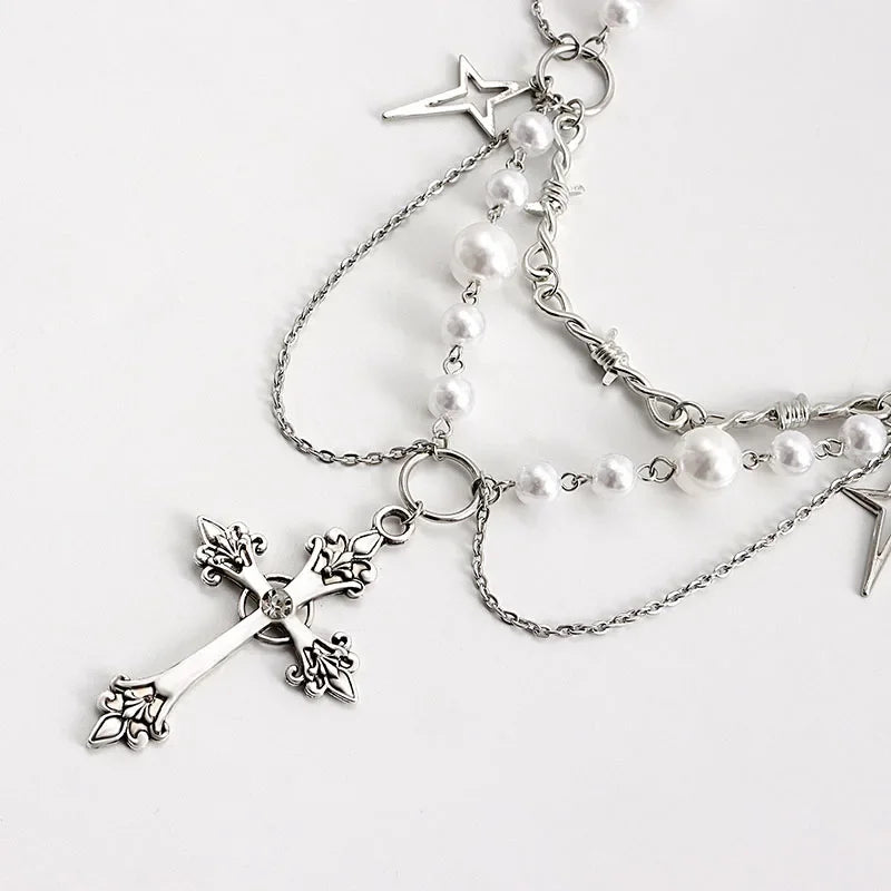 Vintage Gothic Cross Rosary Necklaces Women Punk Layered Chain Charm Handmade Sacred Pearl Beaded Choker Necklace Girl Gifts