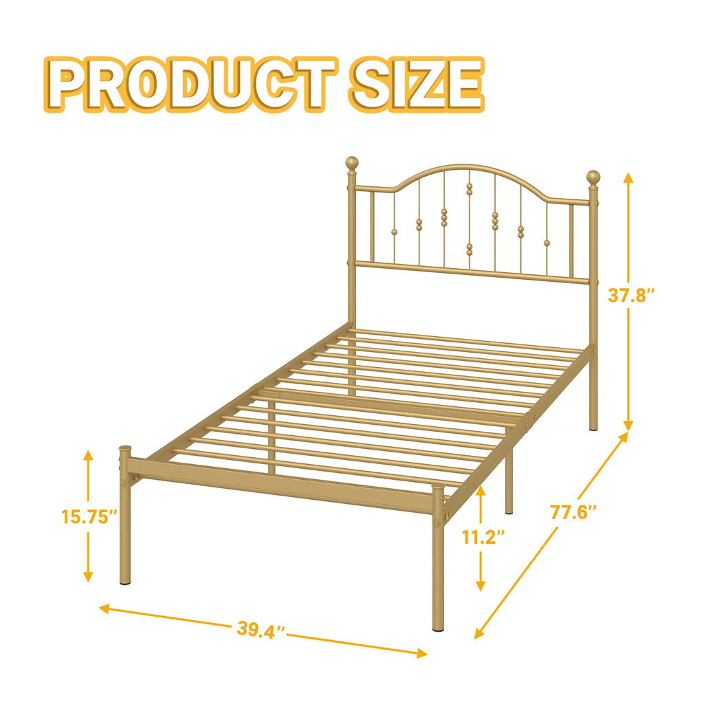 Golden Twin Size Bed Frame with Headboard Twin Metal Platform Bed