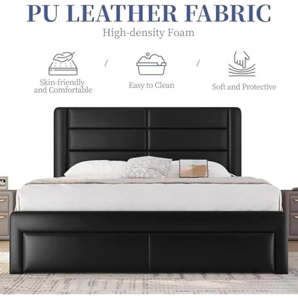 Queen Size Bed Frame with 2 USB Charging Station/Port for Type A&Type C/3 Storage Drawers with Headboard/No Box Spring Needed