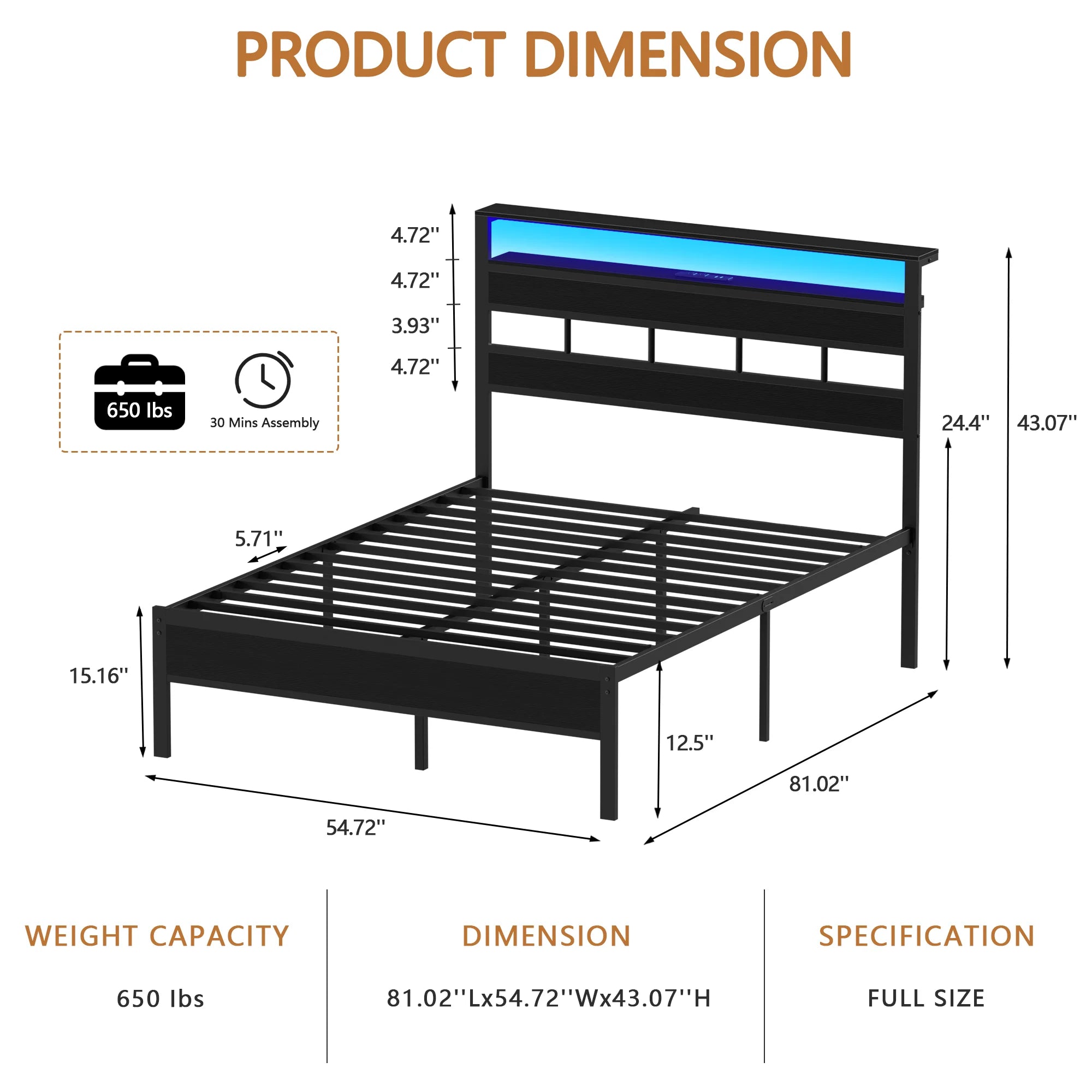 Satifur Full/Queen Size Bed Frame with LED Light and Charging Station, Wood Storage Headboard with 2-Tier Shelves,Metal Platform