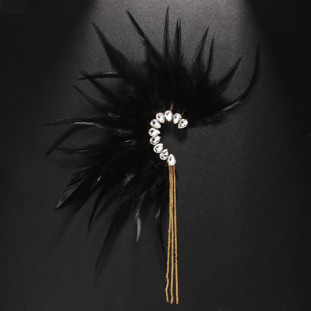 Stonefans Black Feather Ear Pinna Earrings 2024 Designer Trend Vintage No Piercing Accessories Ethnic Wedding Jewelry Dance Gift
