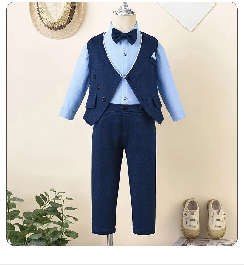 Baby Boy Clothes Sets Formal Suit Boys Long Sleeve Shirt Vest Trousers 3Pcs Sets Children Gentleman Birthday Party Clothing 1-6Y
