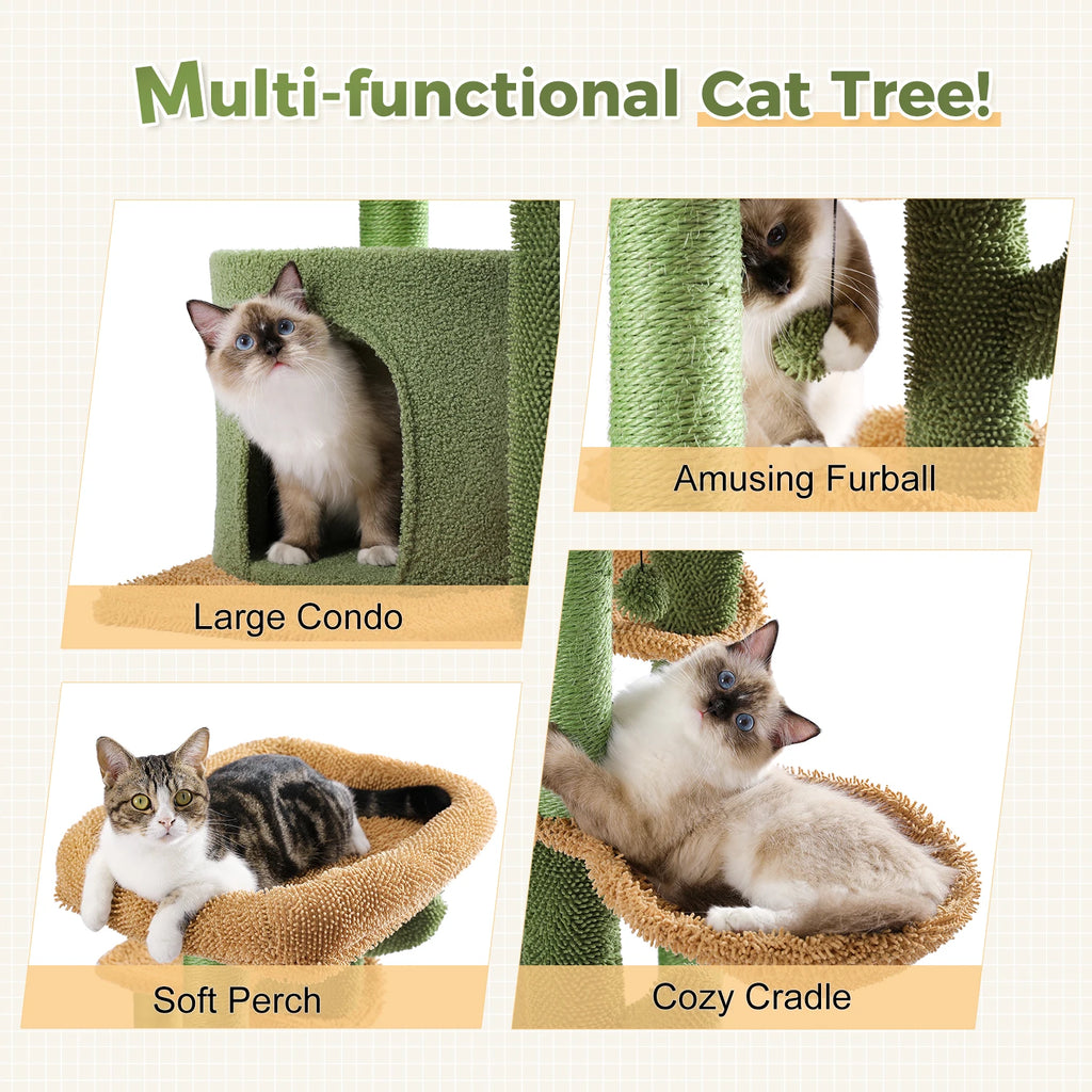 Cactus Multi-Functional Cat Tree Tower with Cozy Cradle,Large Condo, Amusing Furball,Soft Perch,Scratching Post for Indoor Cats