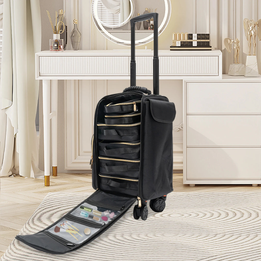 Rolling Makeup Train Case Cosmetic Storage Organizer with 6 Removable Cosmetic Bags Rolling Trolley Cosmetic Case for Makeup