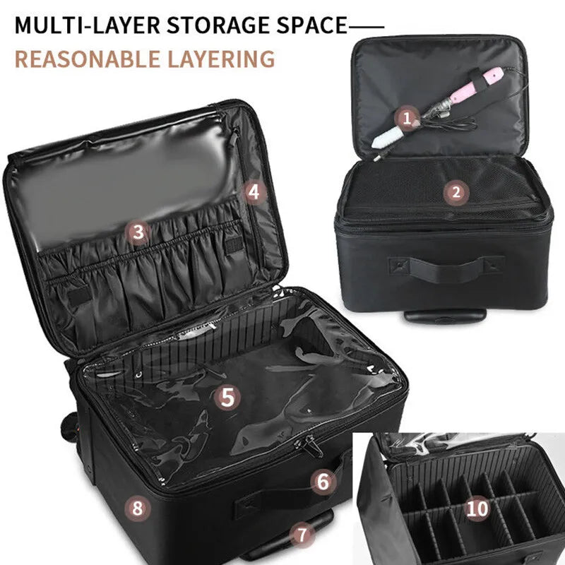 Large Rolling Makeup Case Professional Cosmetic Trolley on Wheels, Multi-Layer Embroidered Travel Organizer for Beauty