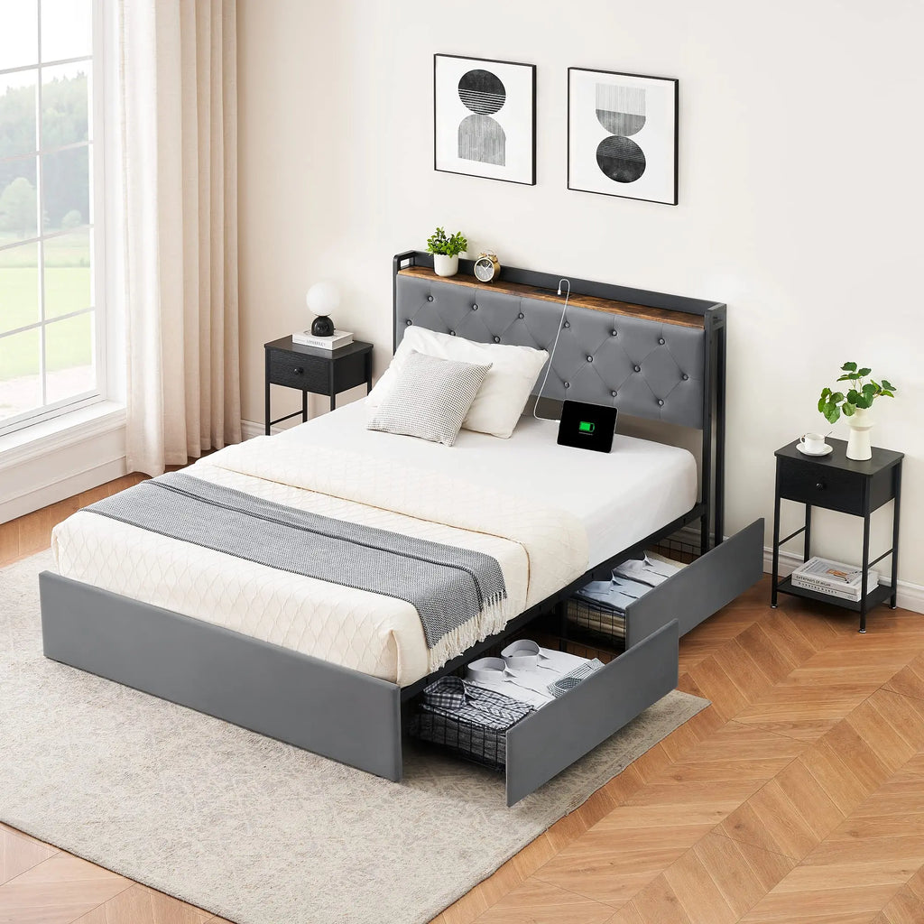 Upholstered Bed Frame with 4 Storage Drawers and Charging Station with Storage Headboard No Box Spring Needed Noise-Free