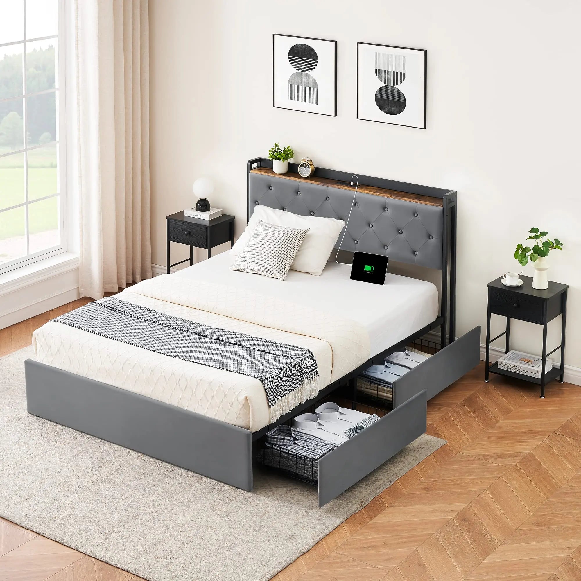 Upholstered Bed Frame with 4 Storage Drawers and Charging Station with Storage Headboard No Box Spring Needed Noise-Free
