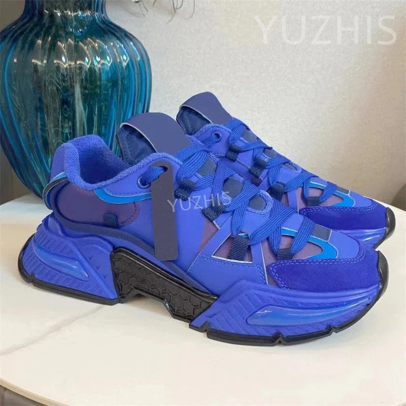 Couple Sneakers Women Lace Up Round Toe Flat Casual Shoes Patchwork Platform Running Shoes Outdoor Sports Shoes Men