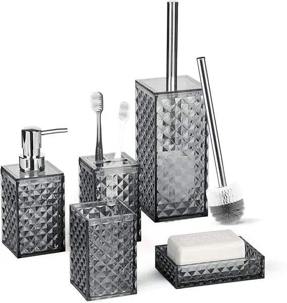 bathroom accessory set, grid pattern 5 pcs plastic bathroom set include toilet bursh, soap dispenser, soap dish, toothbrush hold