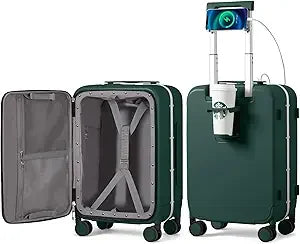 mixi Carry On Luggage with Cup Phone Holder and Charger Hard Shell Suitcases with Spinner Wheels,20 Inch Blackish Green