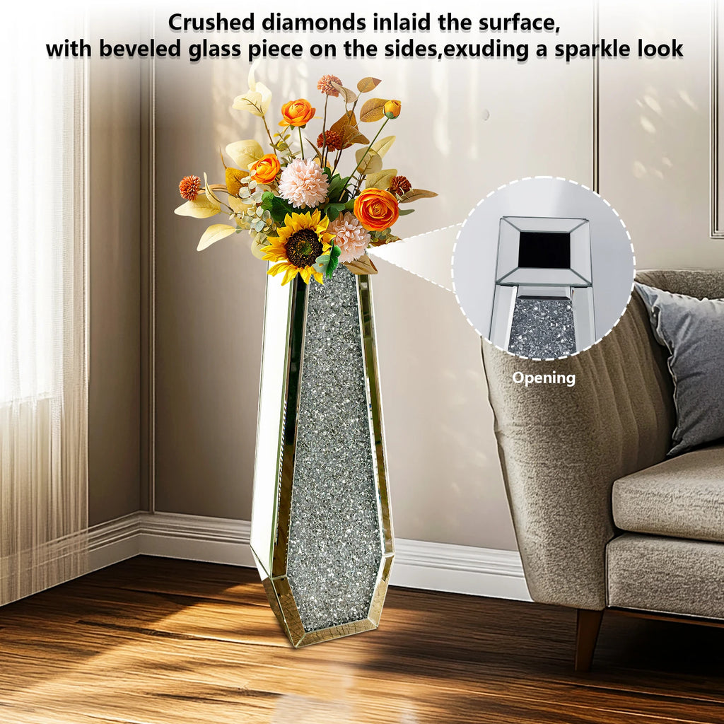 2 Shapes 68CM Crushed Diamond Decorative Mirrored Floor Vase Crystal Silver Glass Flower Vase for Pampas Grass Artificial Flower