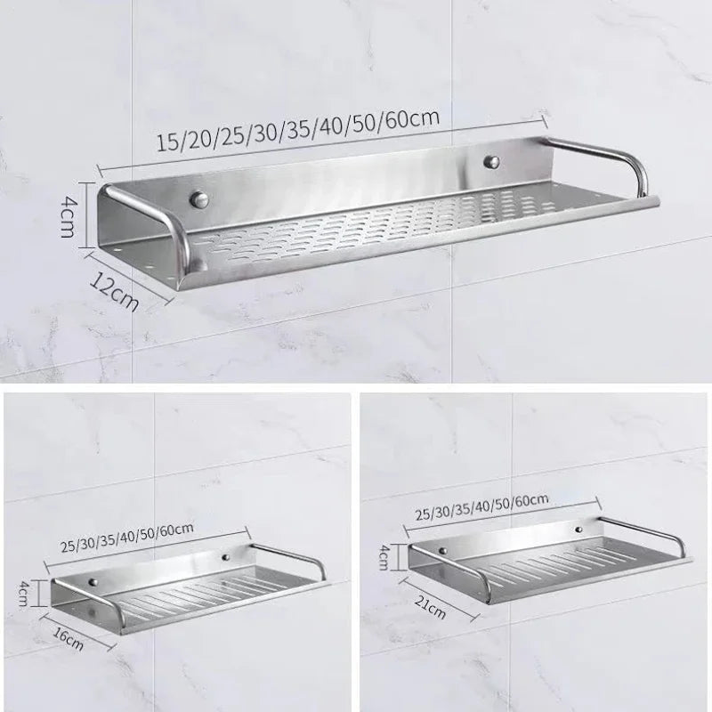 Bathroom Shelf Organizer Storage Wall Mounted Shelves Kitchen Shower Rack Stainless Steel Shampoo Holder Drain Water Accessories