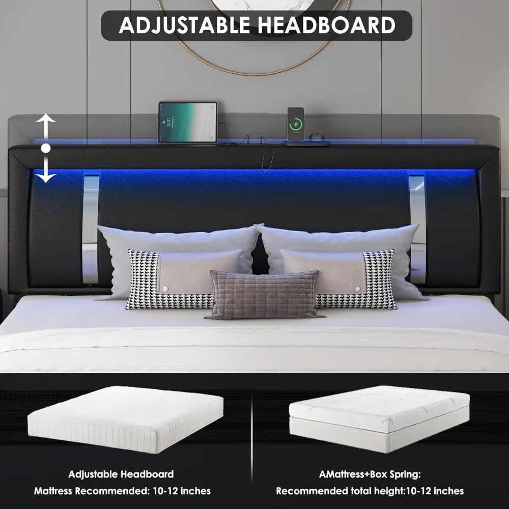 Keyluv Queen Bed Frame with RGB LED Lights Headboard & 2 Storage Drawers, Modern Upholstered Faux Leather Platform Bed with Iron
