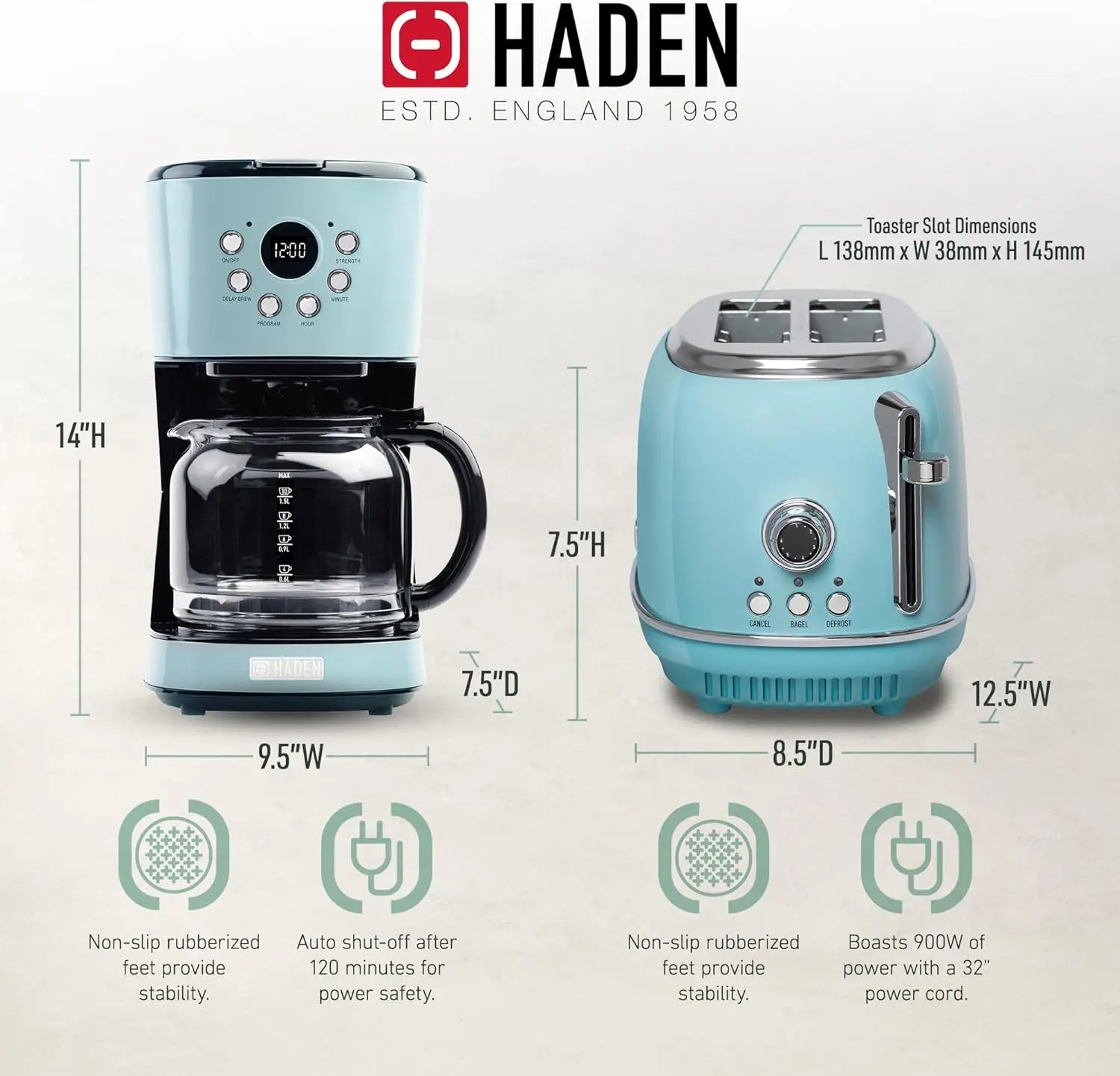 Vintage Programmable Coffee Maker Set with Retro 2-Slice Toaster Stainless Steel 12 Cup Capacity 1.75L/12Cup Kitchen Appliances