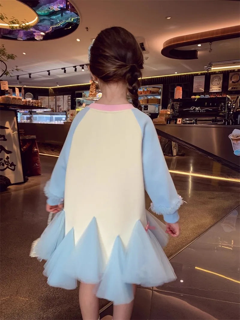 Girl's Fall/Winter Sweatshirt Long Sleeve Princess Elsa Snow White Cartoon Print Tulle Skirt Casual Hoodie Dress 2-12 Years Old
