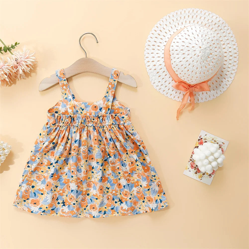 Baby Girl Dresses Summer Floral Cotton Suspender Dresses Cute Bow Girls Dresses Beach Dresses With Hats Baby Clothes Girls