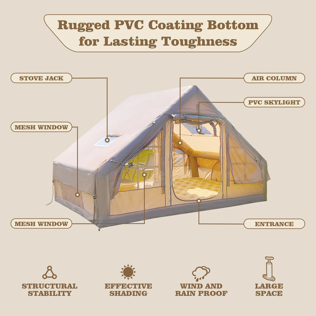 9.8' x 7' Inflatable Camping Tent,4 Season Blow up Tents for Camping, 4-6 Person Inflatable Tent with Jack Stove