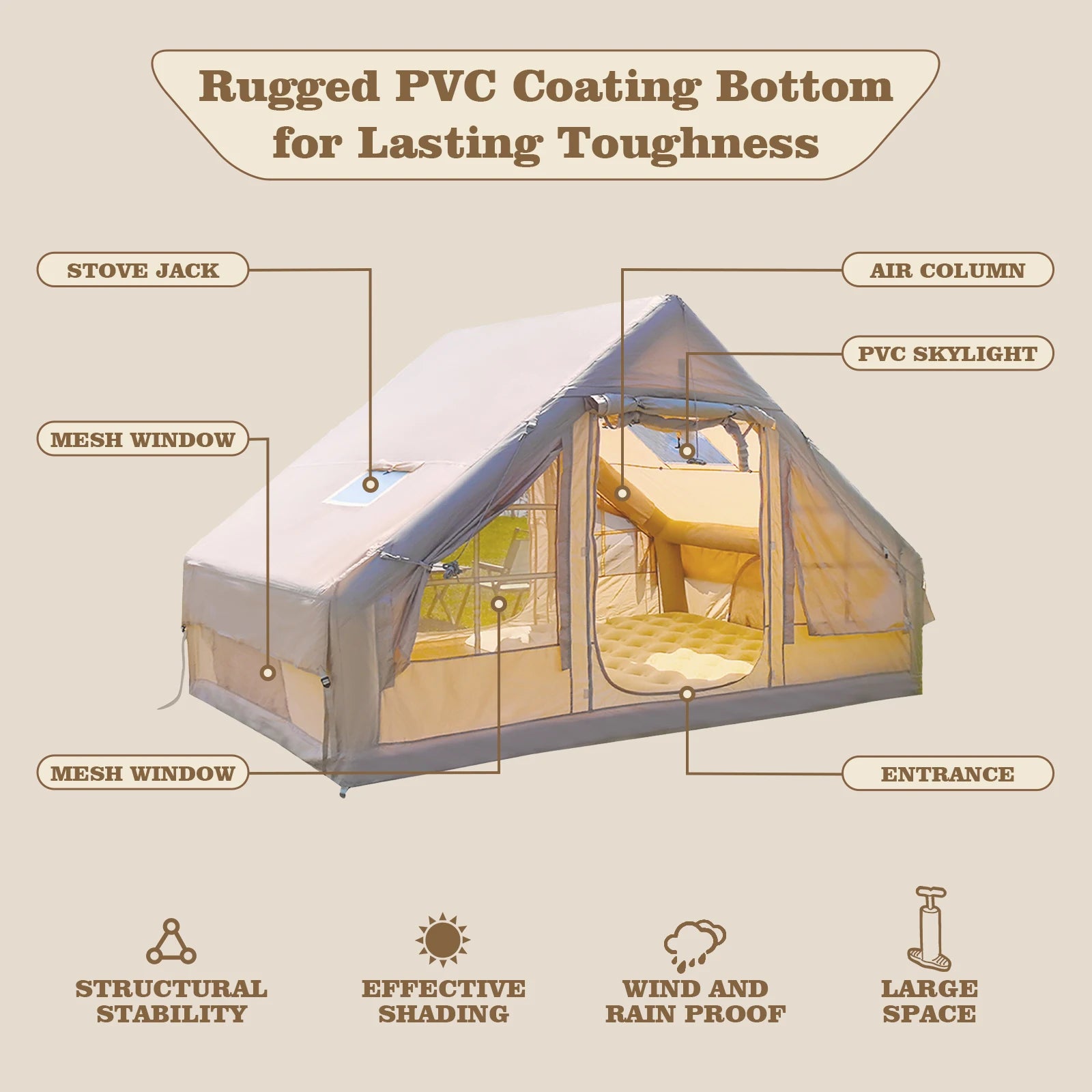 9.8' x 7' Inflatable Camping Tent,4 Season Blow up Tents for Camping, 4-6 Person Inflatable Tent with Jack Stove