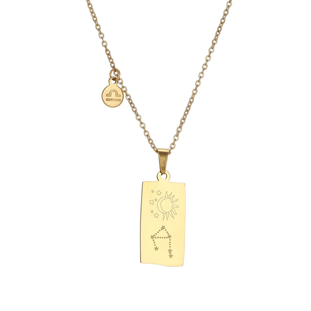 Stainless Steel Square Tarot Card Pendant Women Necklace Twelve Constellations Gold-Plated Clavicle Chain Horoscope Gifts