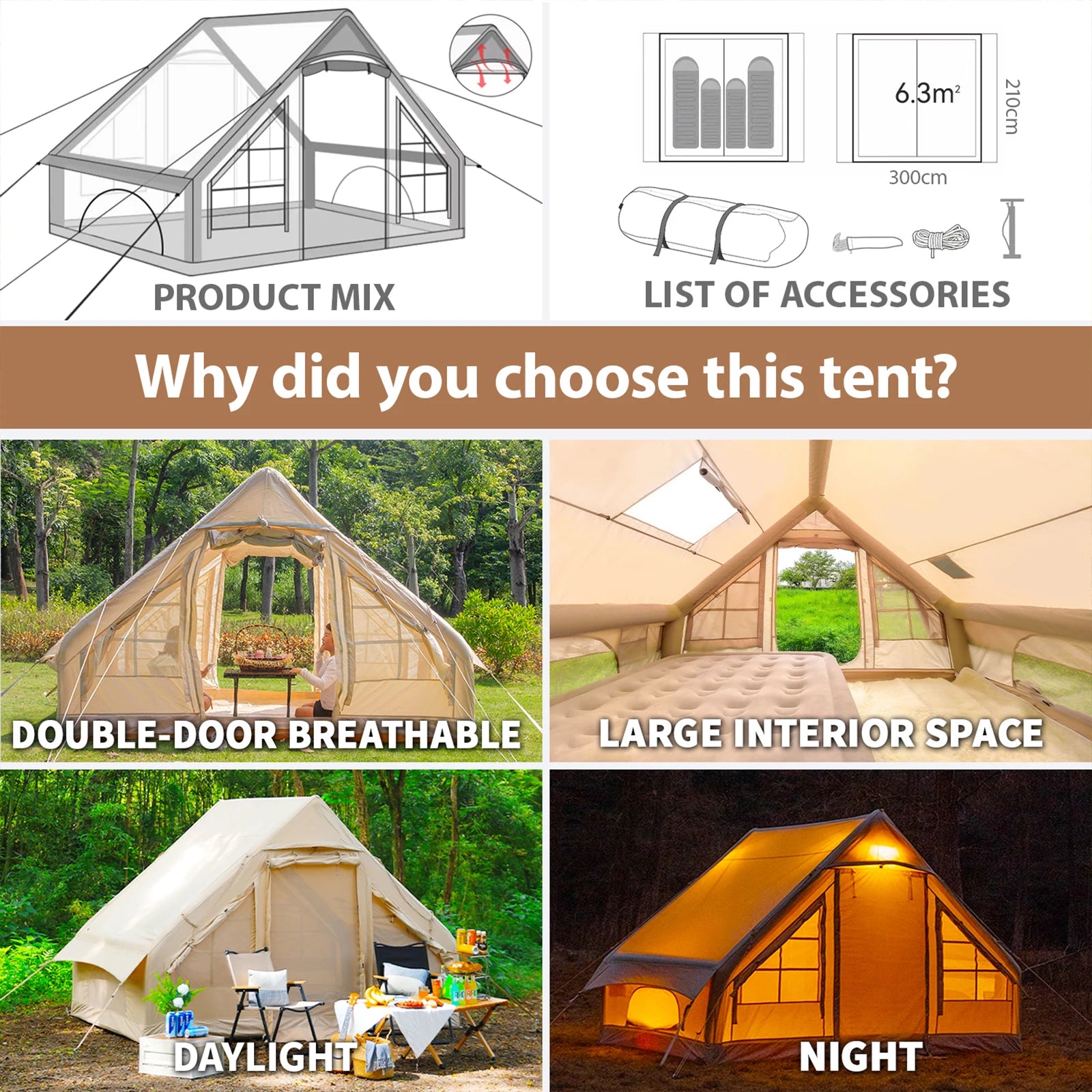 9.8' x 7' Inflatable Camping Tent,4 Season Blow up Tents for Camping, 4-6 Person Inflatable Tent with Jack Stove