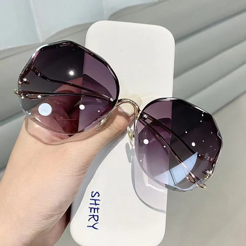 Irregular Round Sunglases Women Brand Designer Gradient Fashion Sun Glasses Female Rimless Metal Curved Temples Oculos De Sol