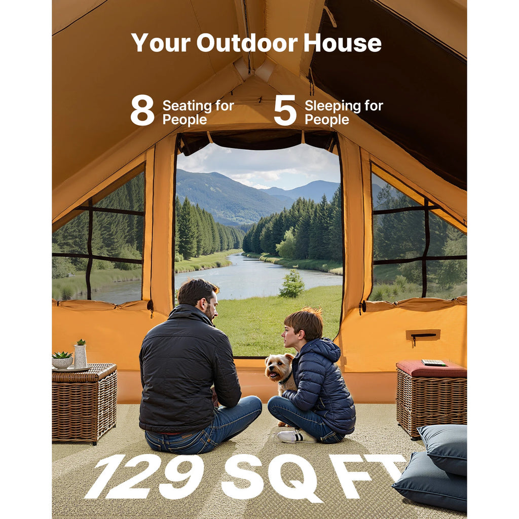 SucceBuy Inflatable Tents for Camping Easy Setup Blow up Tent with Hand Pump Glamping Tent with Skylight Stove Jack Mesh Windows