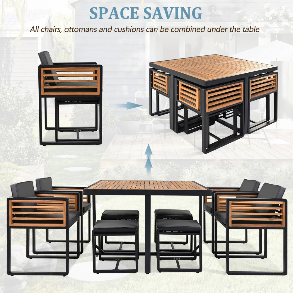 9-Pieces Acacia Wood Patio Dining Set, Space Saving Outdoor Patio Set, 4 Cushioned Chairs & 4 Ottomans & 1 Square Table
