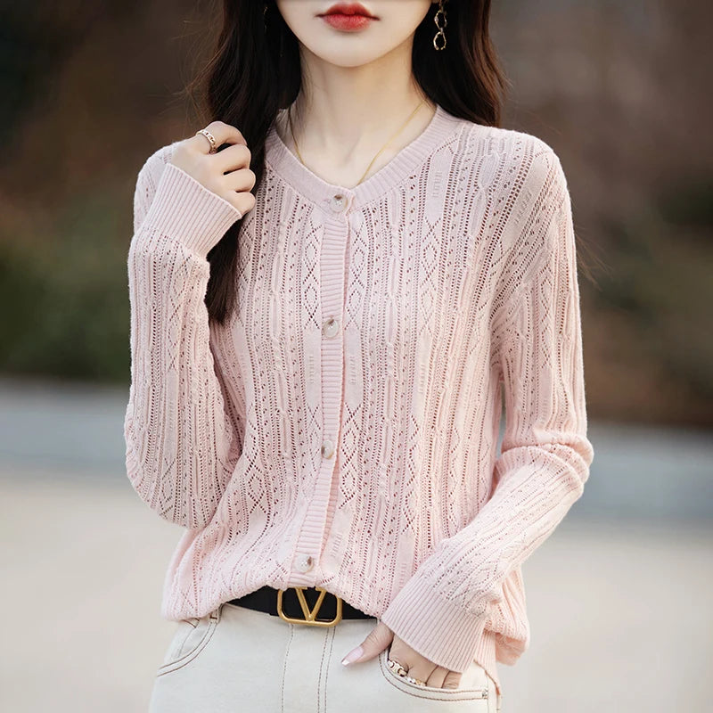 Women's Sweater Spring/Summer New 100% Cotton Coat Female O-Neck Knitted Cardigan Fashion Slim Top Clothing Long Sleeved Solid