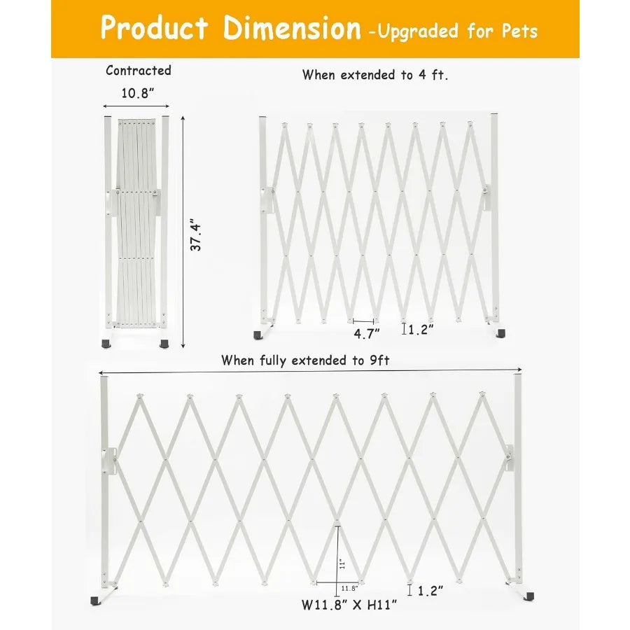 Metal Expandable Dog Gate 9 Feet for Indoor and Outdoor Use Versatile Accordion Safety Barrier with Portable Retractable Design