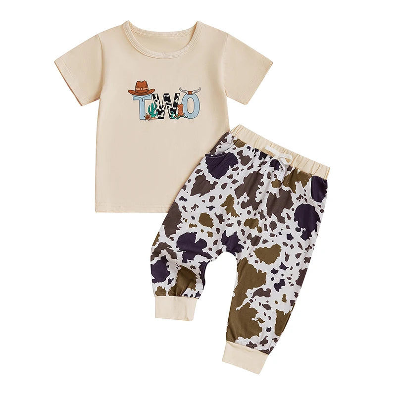 Baby Boy Cowboy Birthday Outfit Rodeo Theme Shirt and Jeans Set with Cow Print Elastic Waistband - 2 Piece Set
