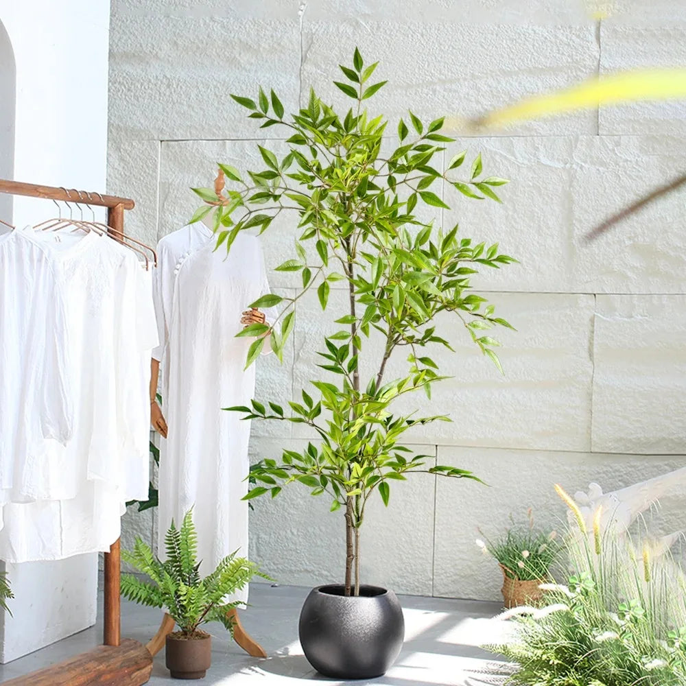 75-140cm Artificial Plants Nandina Tree Green Tall Plants Fake Leaves Plants Faux Branches for Home Garden Office Decor