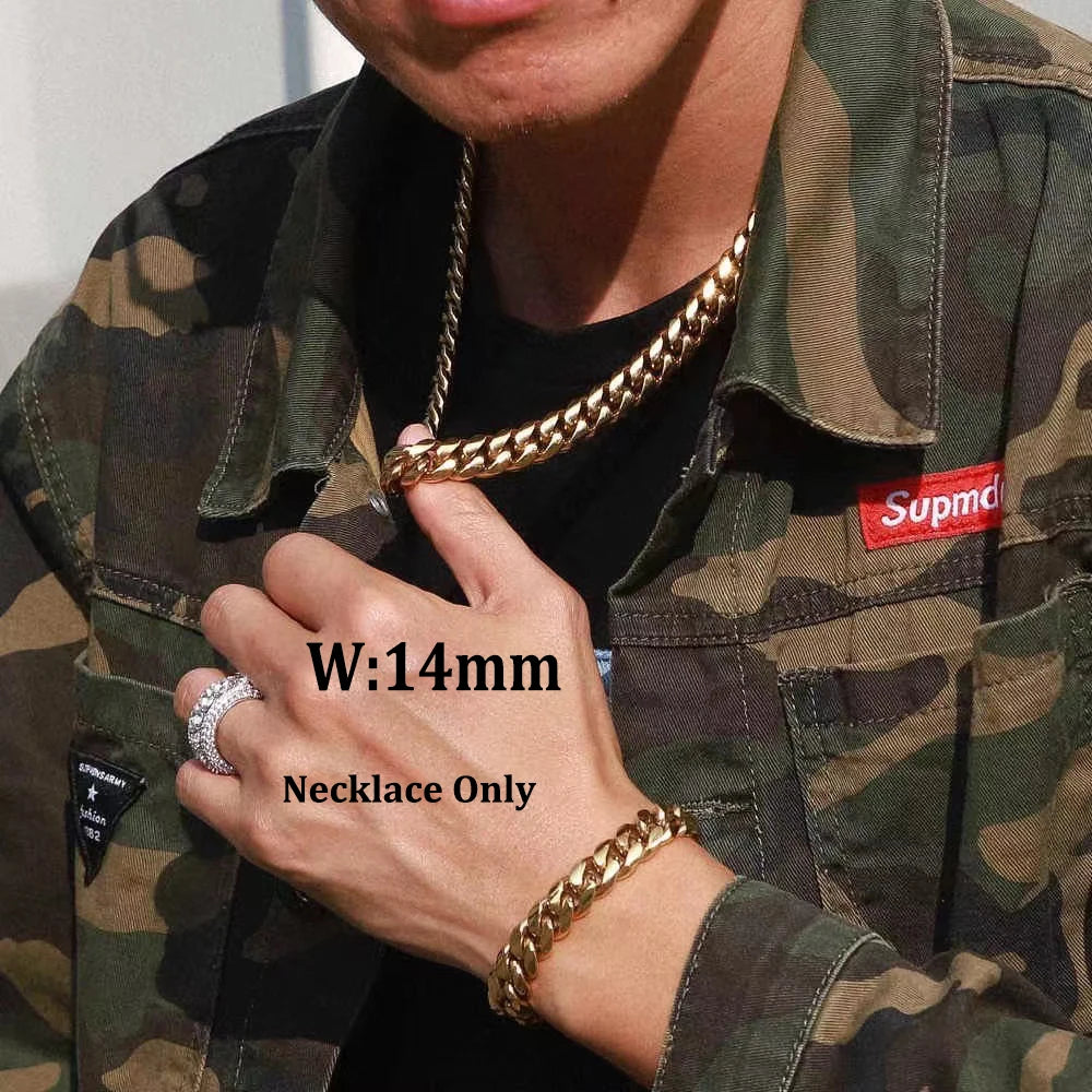 12/14mm Hip Hop Necklace 18K Gold Plated  316L Stainless Steel Cuban Link Chain Bracelet Jewelry For unisex Fashion Jewelry