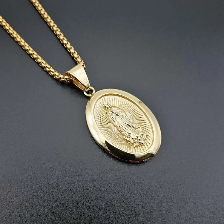Virgin Mary Prayer Pendant Necklaces Gold color 316L Stainless Steel with rhinestone Women/Men Jewelry