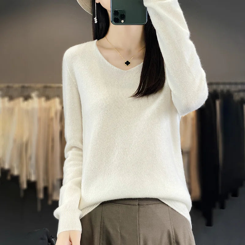 Sweater For Women 100% Merino Wool V Neck Sweater Fall Winter Basic Warm Pullovers Long Sleeve Soft Knit Jumpers Female Clothing