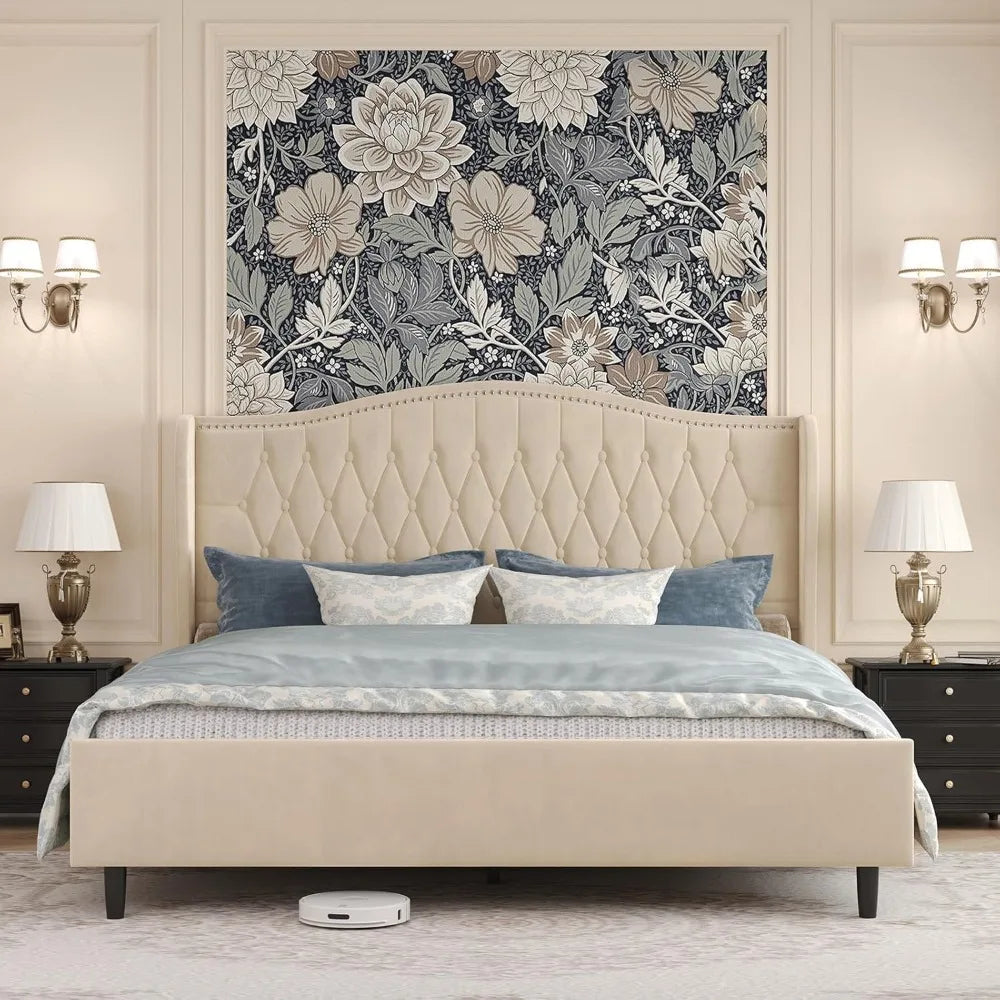 belffin king bed frame and headboard, luxury upholstered velvet platform bed with wingback, button tufted & nailhead trim, anti-