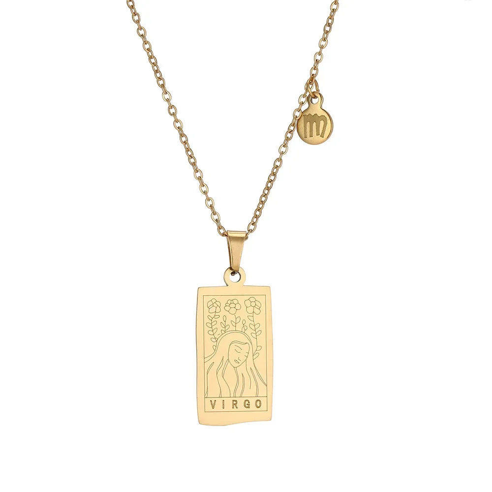 Stainless Steel Square Tarot Card Pendant Women Necklace Twelve Constellations Gold-Plated Clavicle Chain Horoscope Gifts