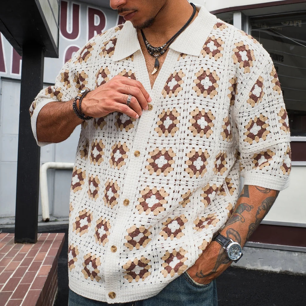 Men's Short Sleeve Summer Fashion Mesh Cardigan Lapel Top Printing Soft Breathable Light Polo Knitwear Men US Size