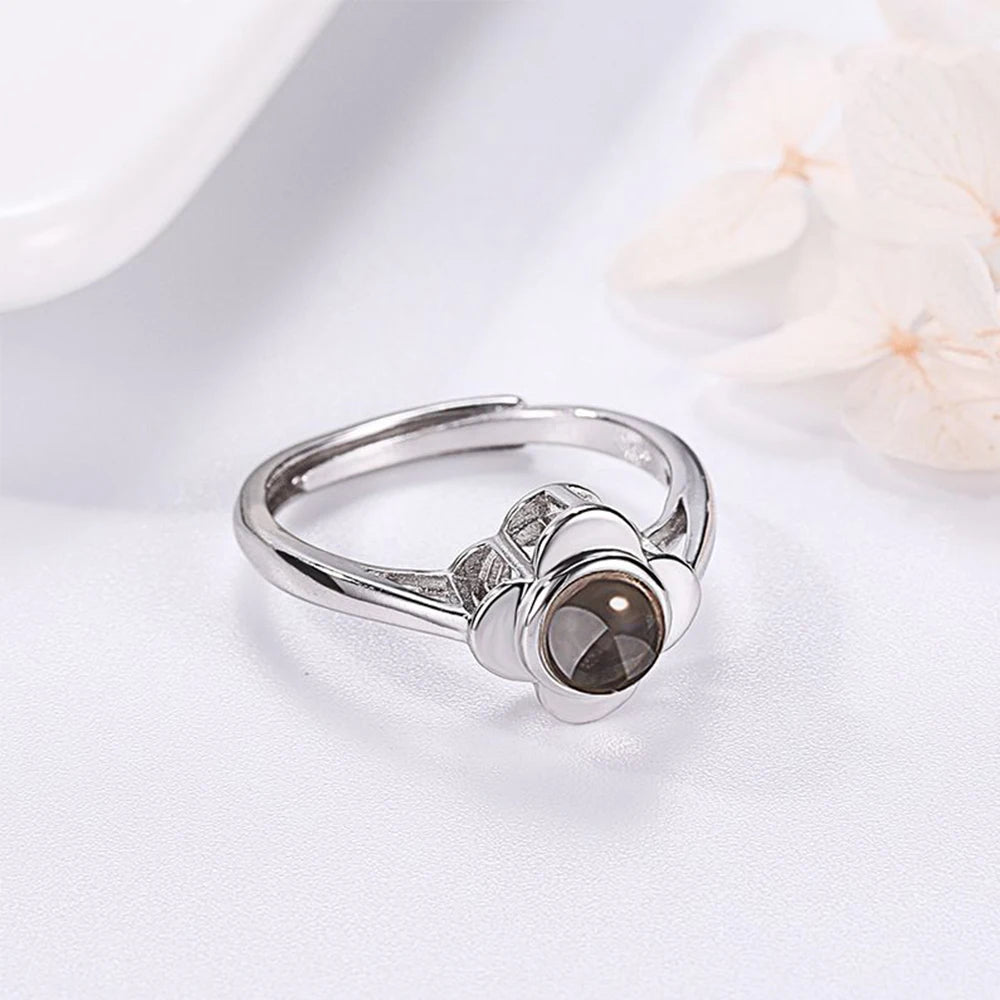 Photo Projection Ring Adjustable Customize 925 silver Photo Ring Four-Leaf Clover Personalized Ring | Memorial , Wedding Ring