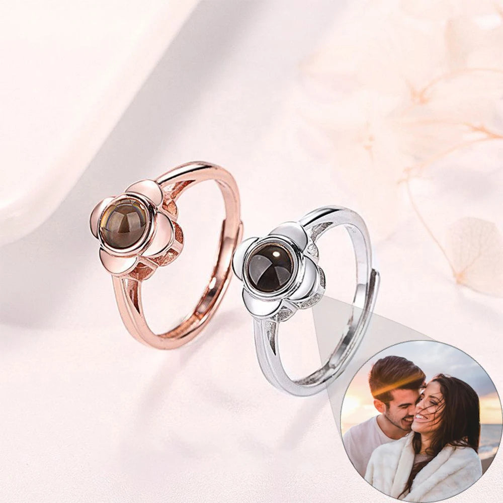 Photo Projection Ring Adjustable Customize 925 silver Photo Ring Four-Leaf Clover Personalized Ring | Memorial , Wedding Ring
