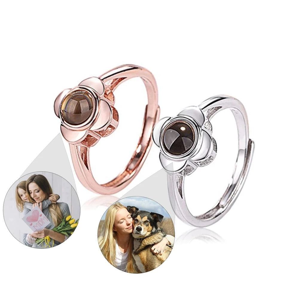 Dascusto New Ring Custom Adjustable Photo Projection Ring 925 Silver Four-Leaf Clover Personalized Picture Rings For Women Gift