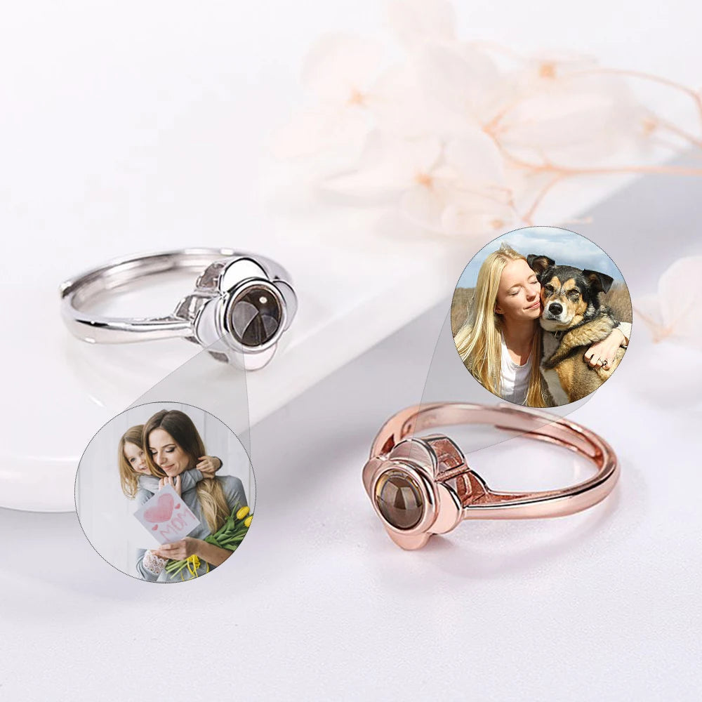 Photo Projection Ring Adjustable Customize 925 silver Photo Ring Four-Leaf Clover Personalized Ring | Memorial , Wedding Ring