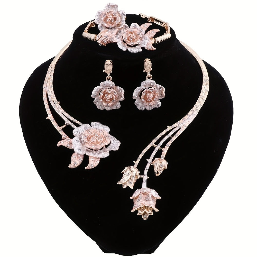 Elegant Rose Flower Rhinestone Jewelry Set for Women - Necklace, Earrings, And Ring for Weddings & Parties, Luxurious Floral Design